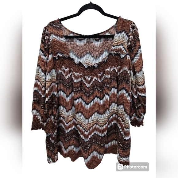 2X Wave Print Square Neck Ruffled Peasant Blouse Boho Artsy - Picture 3 of 9